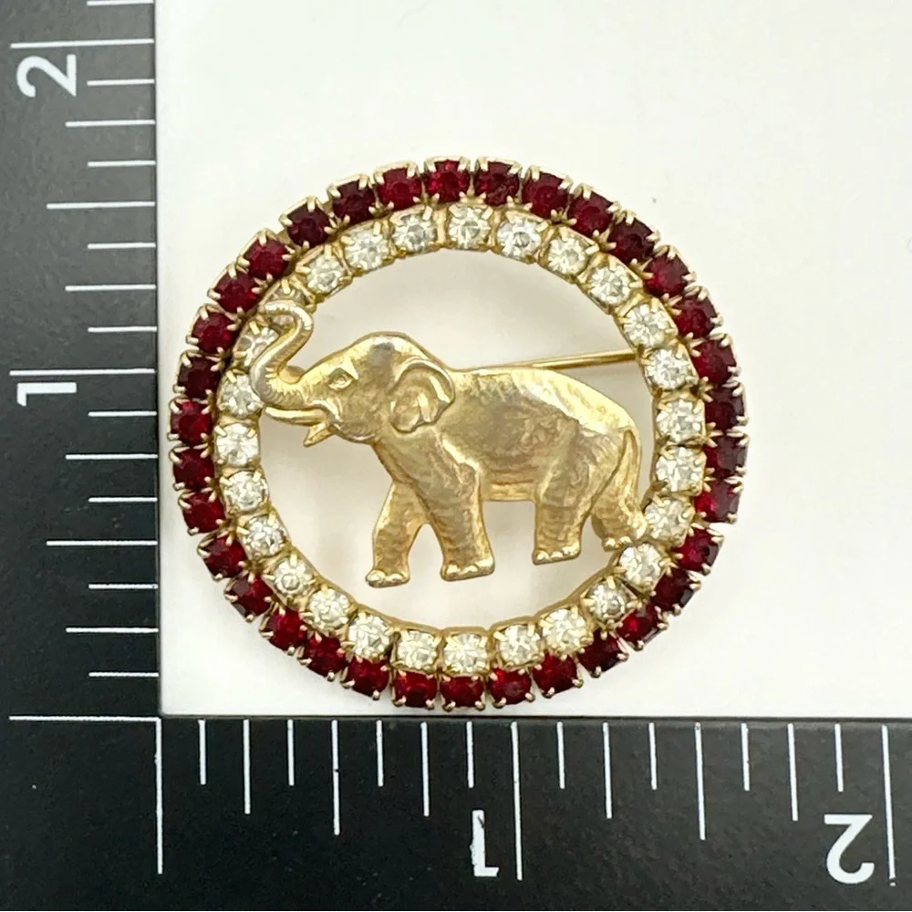 Vintage Warner Elephant Red Rhinestone Brooch Pin